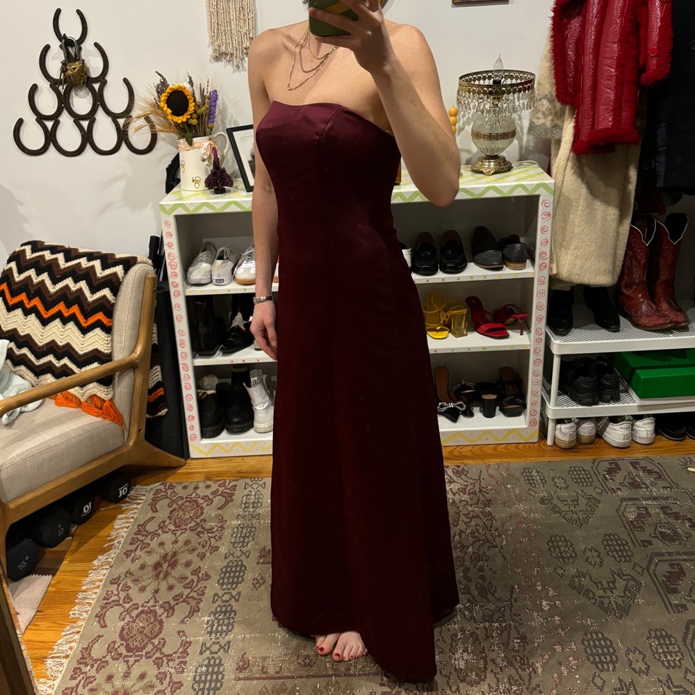 Burgundy Satin Strapless bridesmaid dress or evening gown